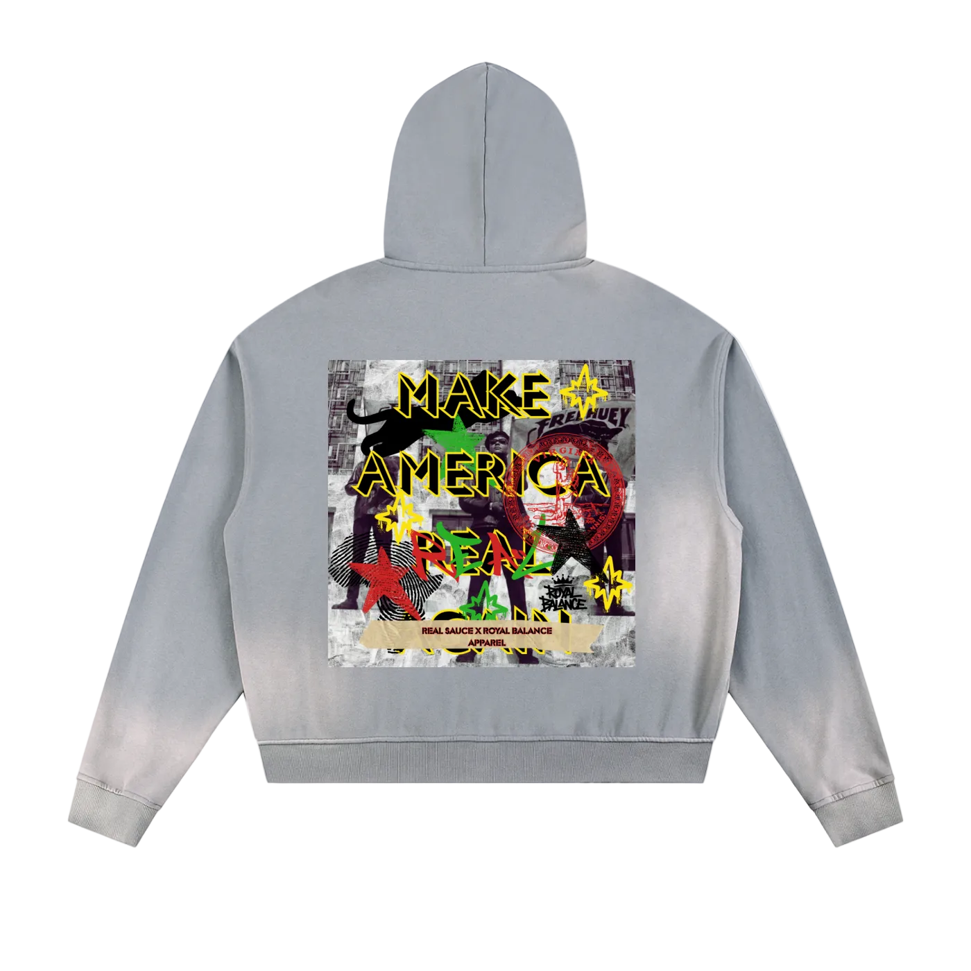 Royal Balance Apparel X Real Sauce Make America Great Again Sun Fade Frayed Raw Edge Fleece Zip Hoodie